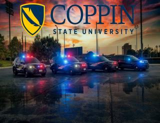 Coppin State University Police Department patrol vehicles at dusk, with the Coppin State University crest.